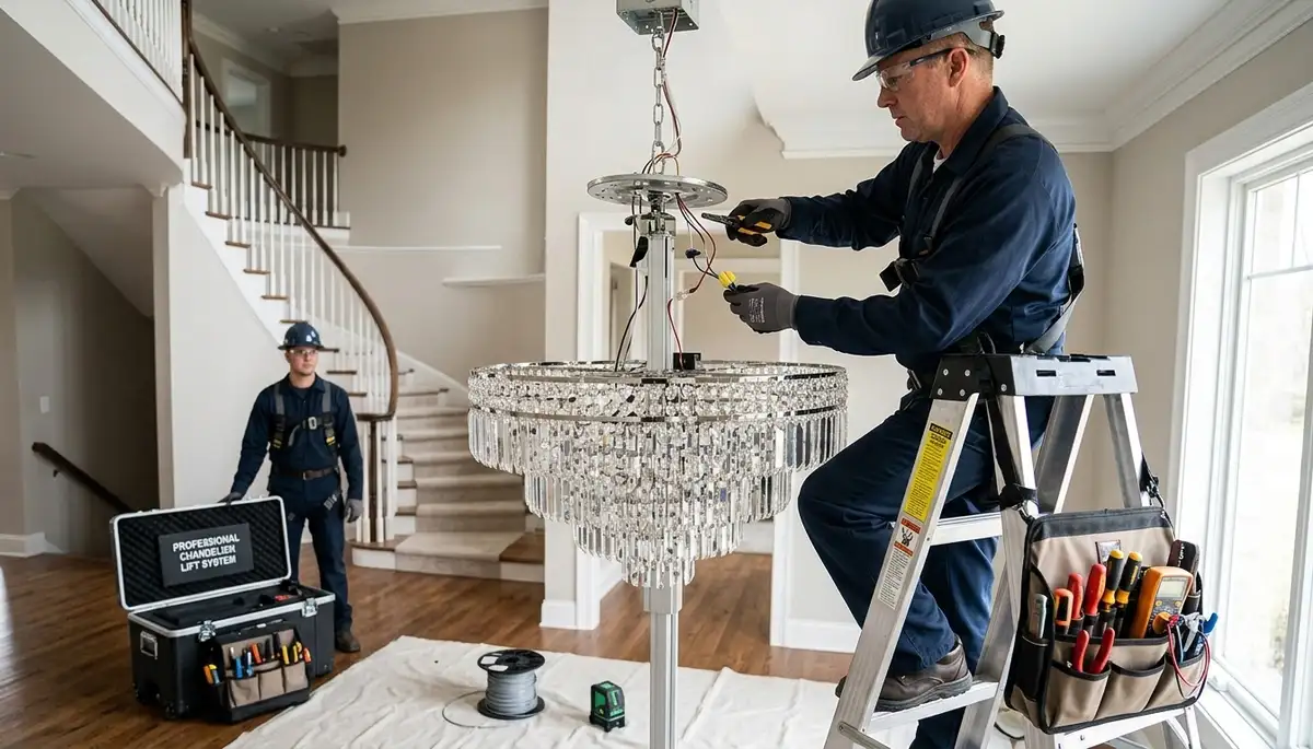 Electrician installing a chandelier in a Glendale, AZ home