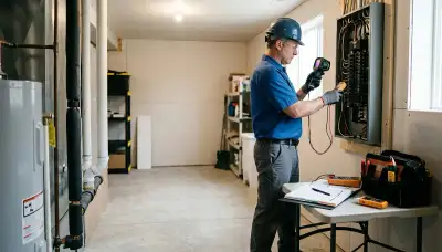 Electrician inspecting a residential electrical panel during a home electrical inspection in Glendale, AZ