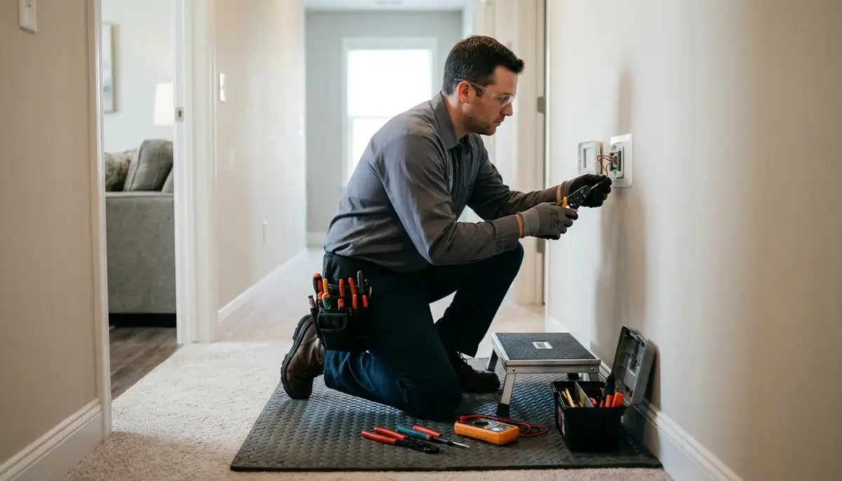 Electrician installing a thermostat in a Glendale, AZ home